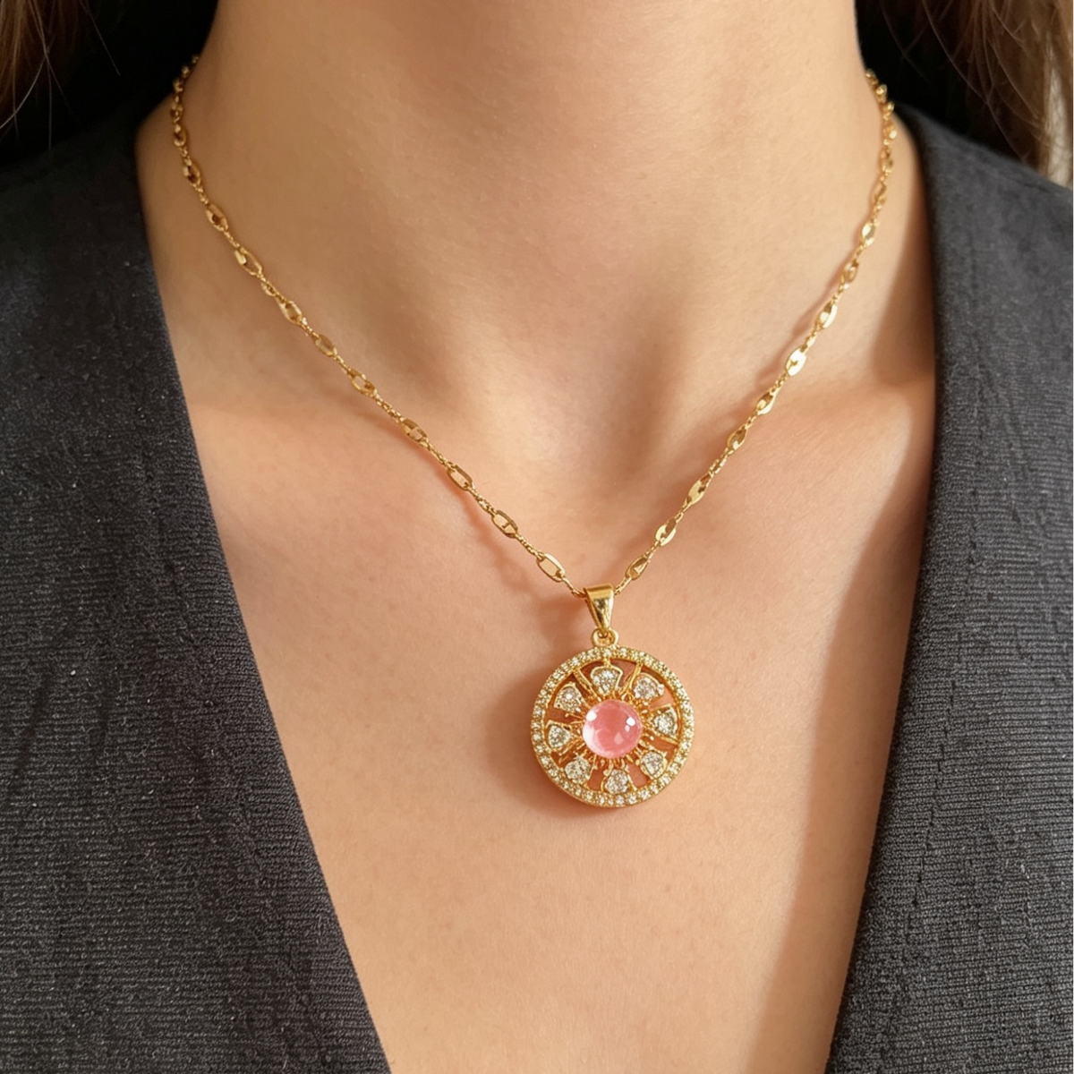 Luxury Gold-Tone Necklace - Pink Gemstone Pendant with Crystals