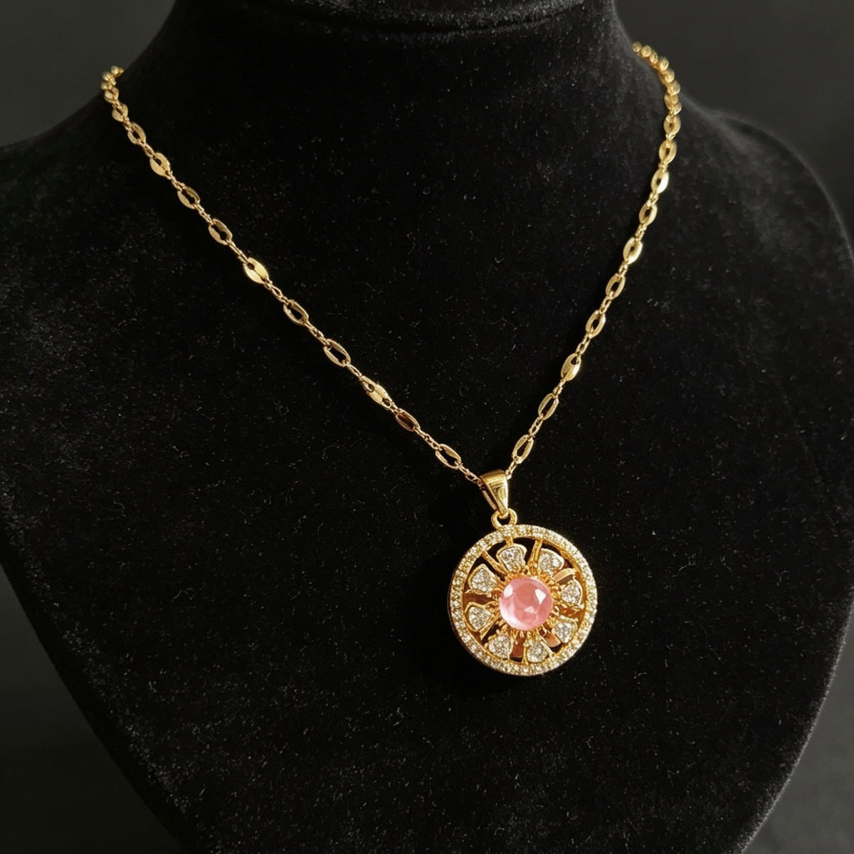 Luxury Gold-Tone Necklace - Pink Gemstone Pendant with Crystals