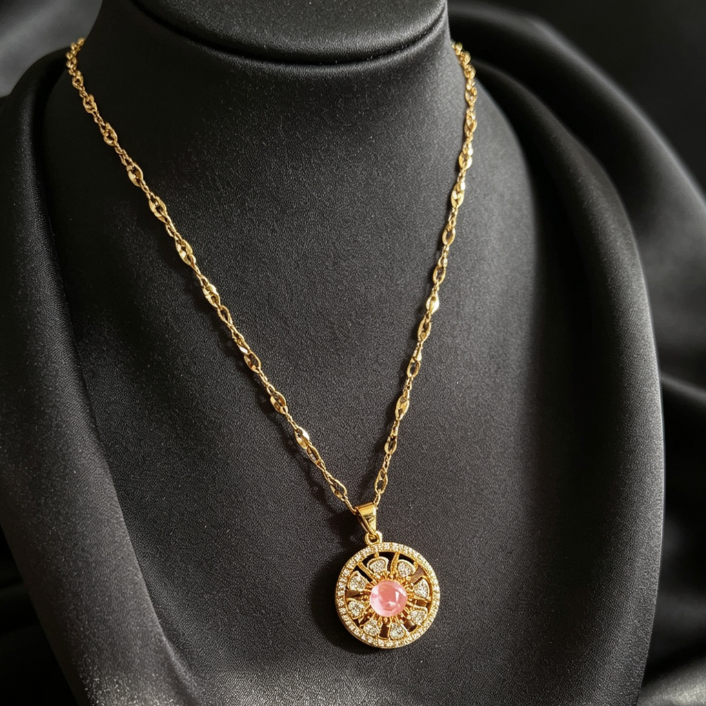 Luxury Gold-Tone Necklace - Pink Gemstone Pendant with Crystals